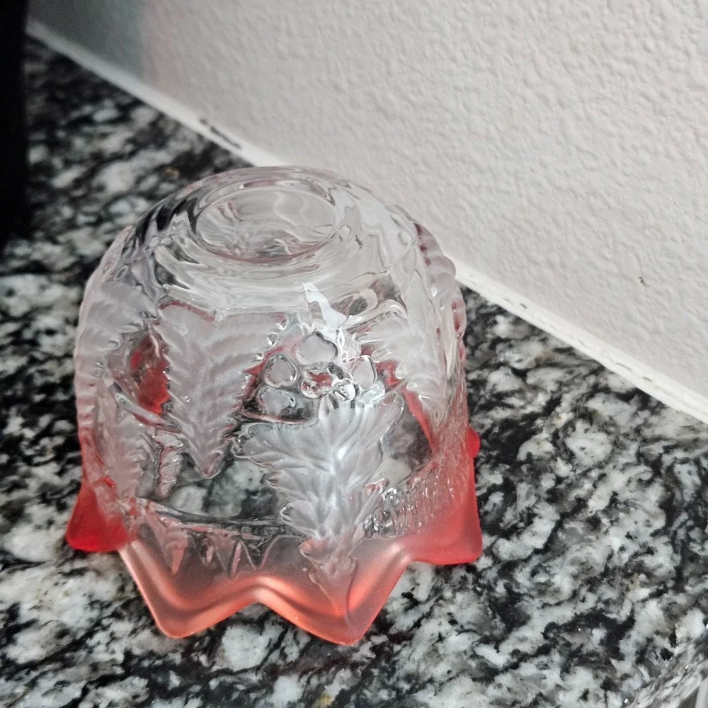Vintage Red Trimmed Frosted Glass Candle Holder Winter‎ Scene Christmas Decor